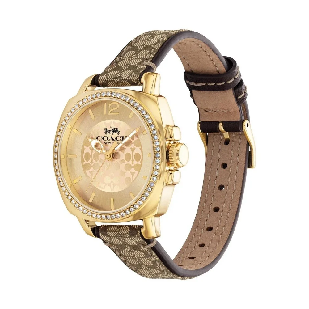 COACH BOYFRIEND 14503150 GOLD DIAL BROWN SIGNATURE LEATHER STRAP WOMENS WATCH